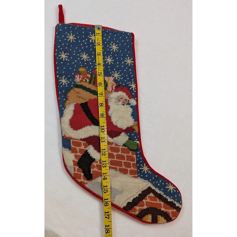 Vintage Christmas Stocking Wool Needlepoint Santa Chimney Roof Bag of Toys Stars